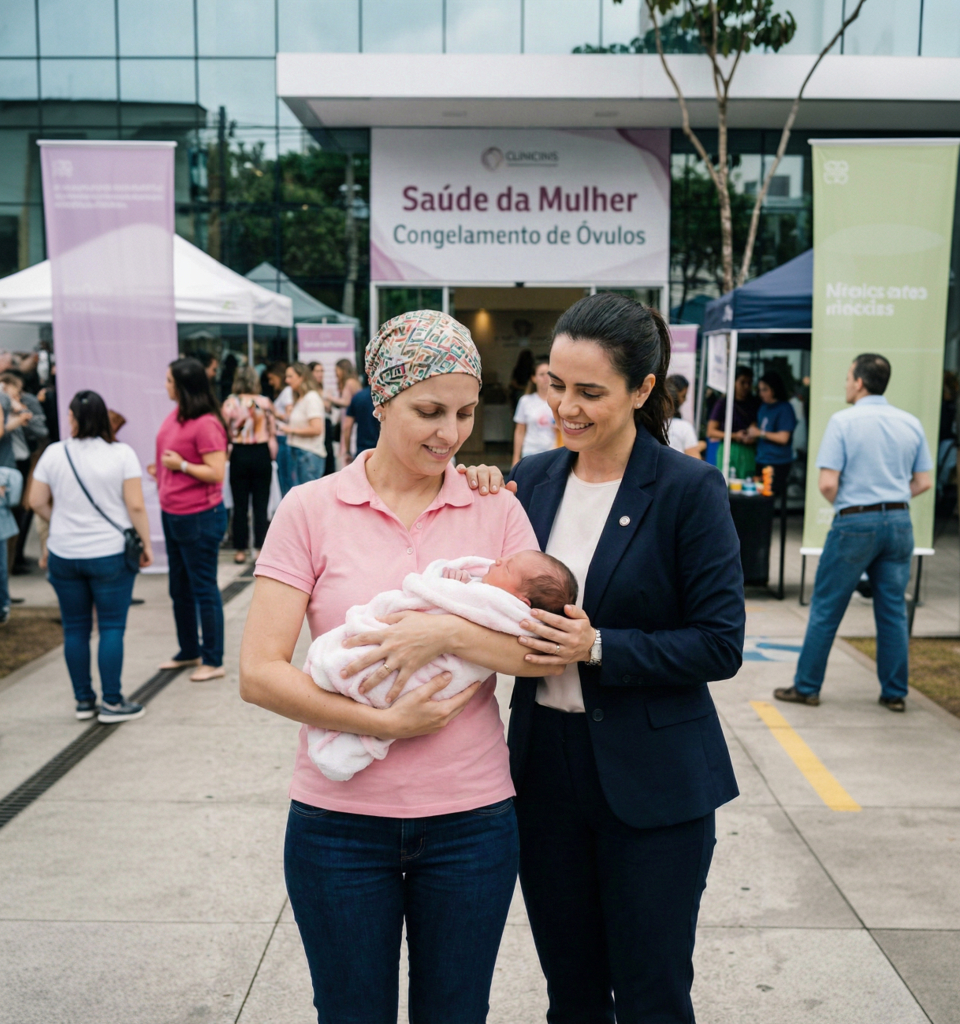 Mulher com câncer segurando bebê ao lado de especialista — Saúde da Mulher, Congelamento de Óvulos